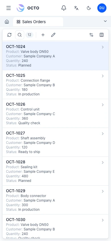 New Octo Web mobile view · sample data