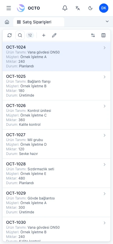 Yeni Octo Web mobil görünümü · örnek veriler