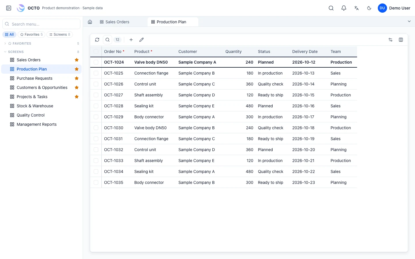 Octo production records on desktop · sample data
